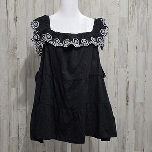 Old Navy Black Sleeveless Ruffled Tiered Embroidered Clip Dot Swing Blouse XXL